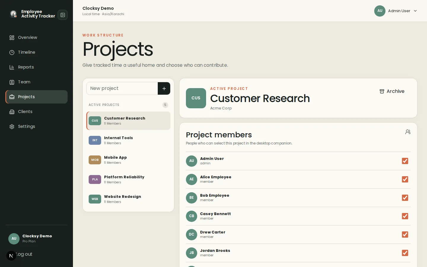 Employee Activity Tracker dashboard dialog for adding a new project and optional client