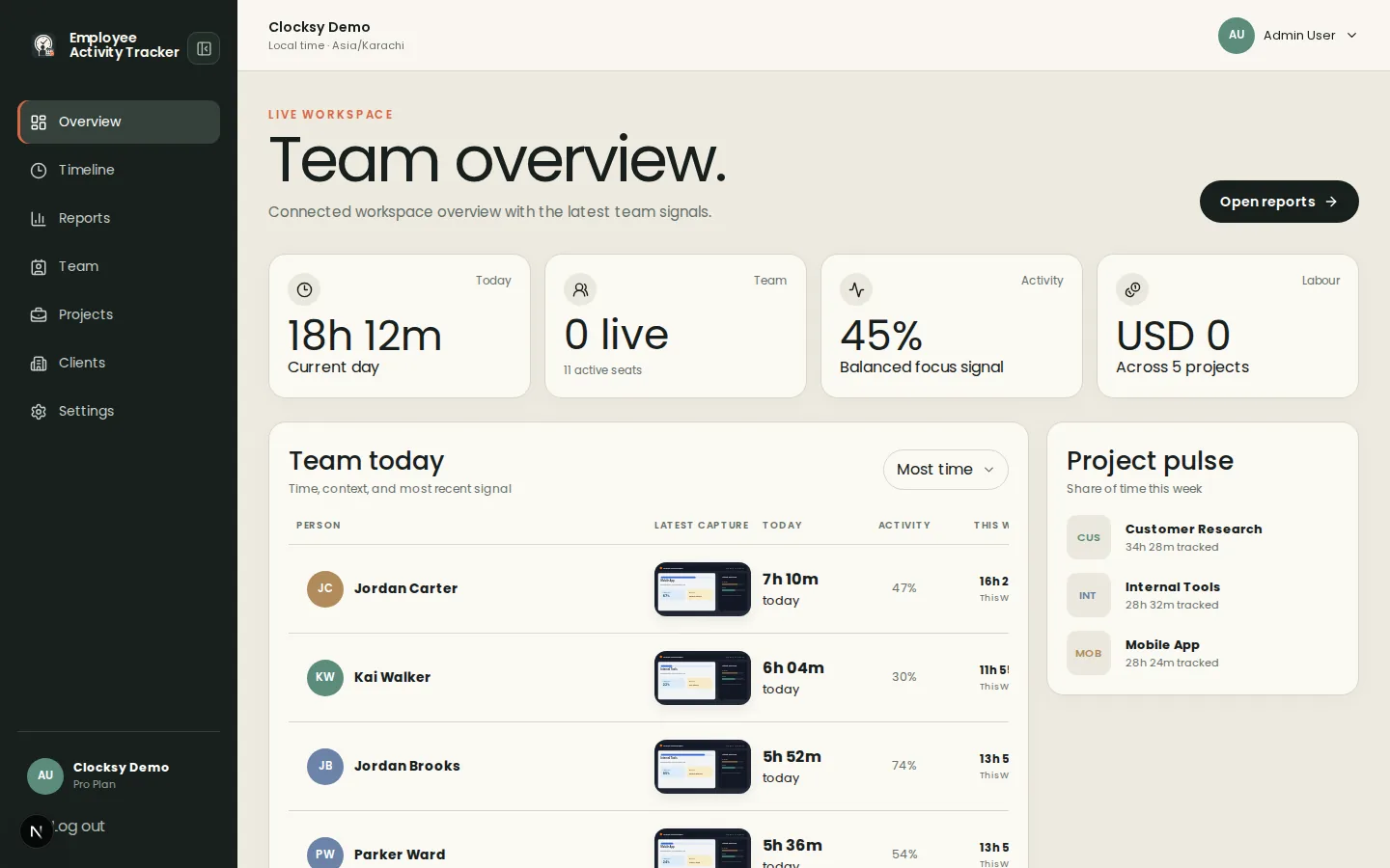 Employee Activity Tracker web dashboard home showing team overview after sign-in