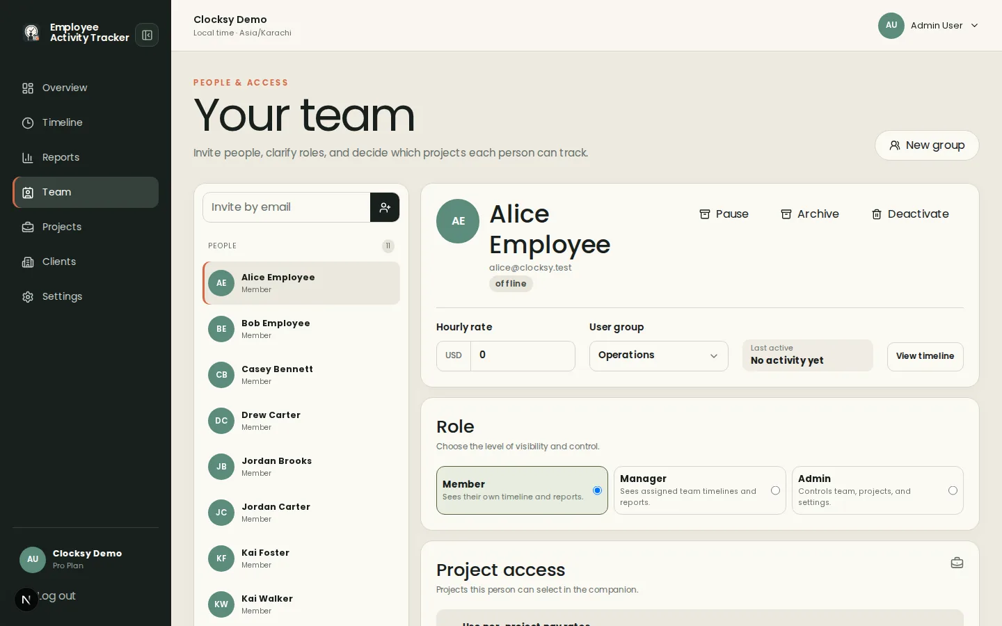 Employee Activity Tracker team page with invite employee form and role options