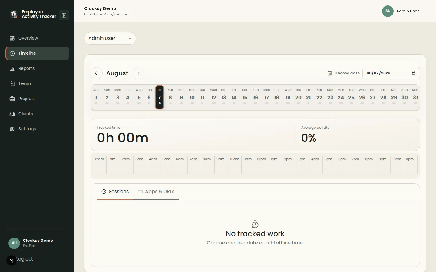 Employee Activity Tracker timeline view showing a member workday with sessions and activity levels